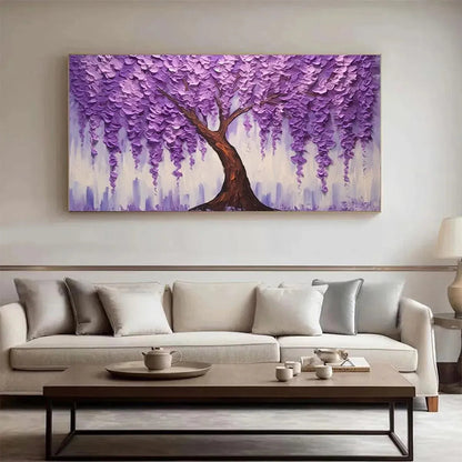 Purple Wisteria hand-painted violet and ivory textured blossom tree painting rolled canvas option