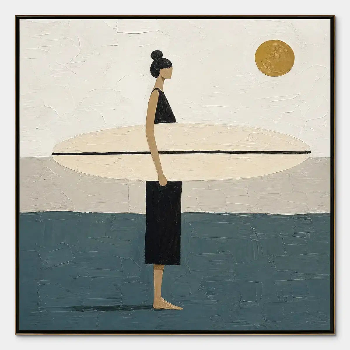 Quiet Shore hand-painted beige, ocean blue and gold textured surfer ocean painting