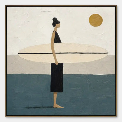 Quiet Shore hand-painted beige, ocean blue and gold textured surfer ocean painting