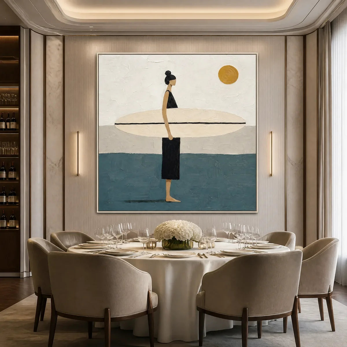 Quiet Shore hand-painted beige, ocean blue and gold textured surfer ocean painting