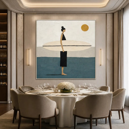 Quiet Shore hand-painted beige, ocean blue and gold textured surfer ocean painting