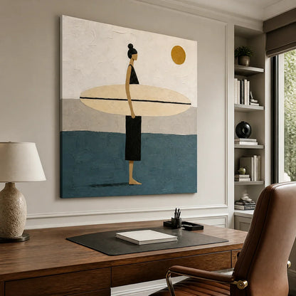 Quiet Shore hand-painted beige, ocean blue and gold textured surfer ocean painting