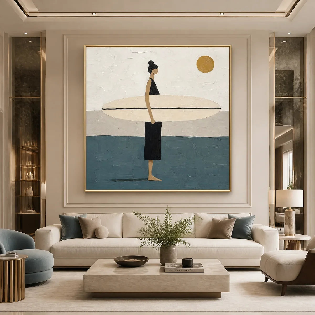 Quiet Shore hand-painted beige, ocean blue and gold textured surfer ocean painting