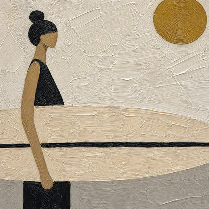 Quiet Shore hand-painted beige, ocean blue and gold textured surfer ocean painting