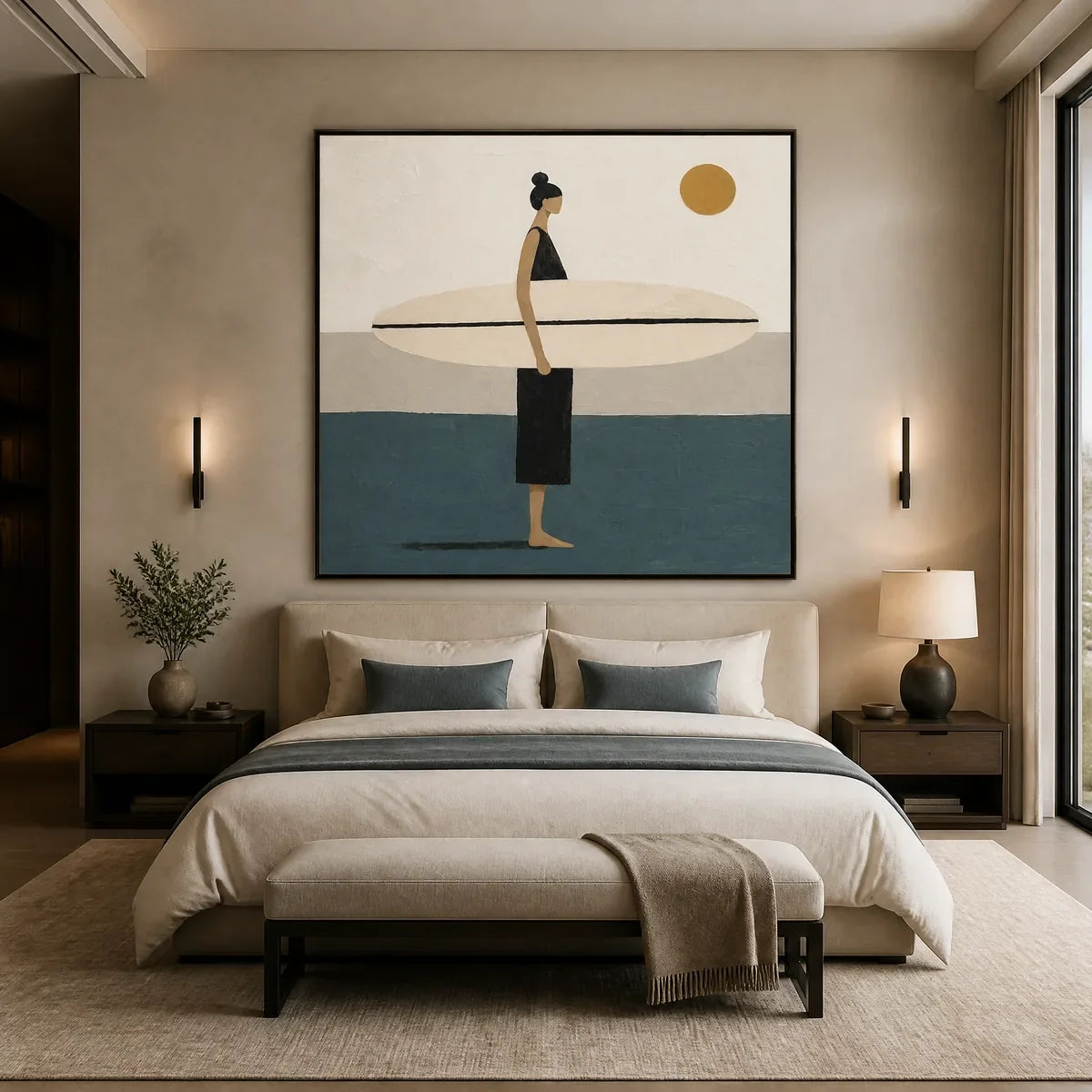 Quiet Shore hand-painted beige, ocean blue and gold textured surfer ocean painting