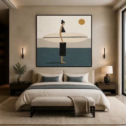 Quiet Shore hand-painted beige, ocean blue and gold textured surfer ocean painting