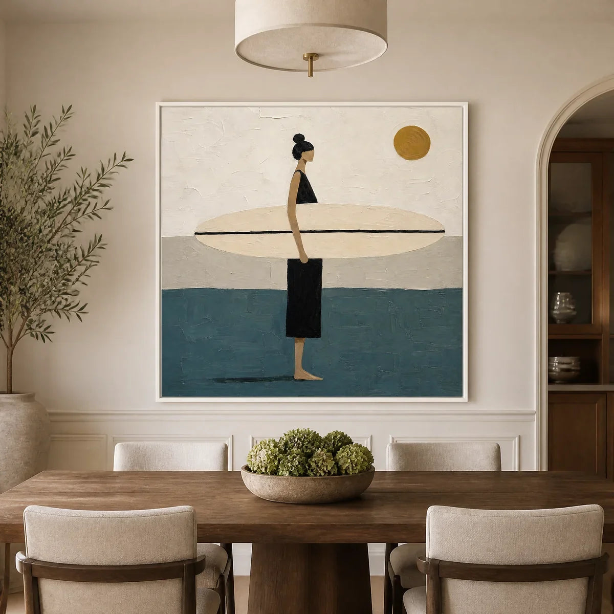 Quiet Shore hand-painted beige, ocean blue and gold textured surfer ocean painting