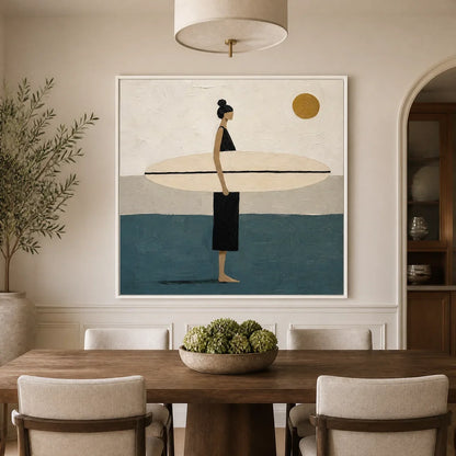 Quiet Shore hand-painted beige, ocean blue and gold textured surfer ocean painting