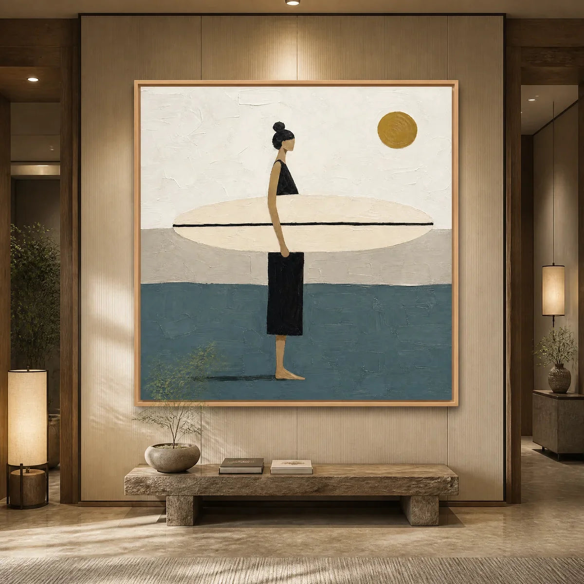 Quiet Shore hand-painted beige, ocean blue and gold textured surfer ocean painting