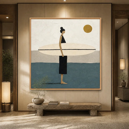 Quiet Shore hand-painted beige, ocean blue and gold textured surfer ocean painting