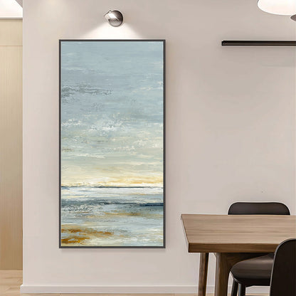 Quiet Horizon hand-painted beige, soft grey, ocean blue and gold textured coastal abstract painting shown with silver frame