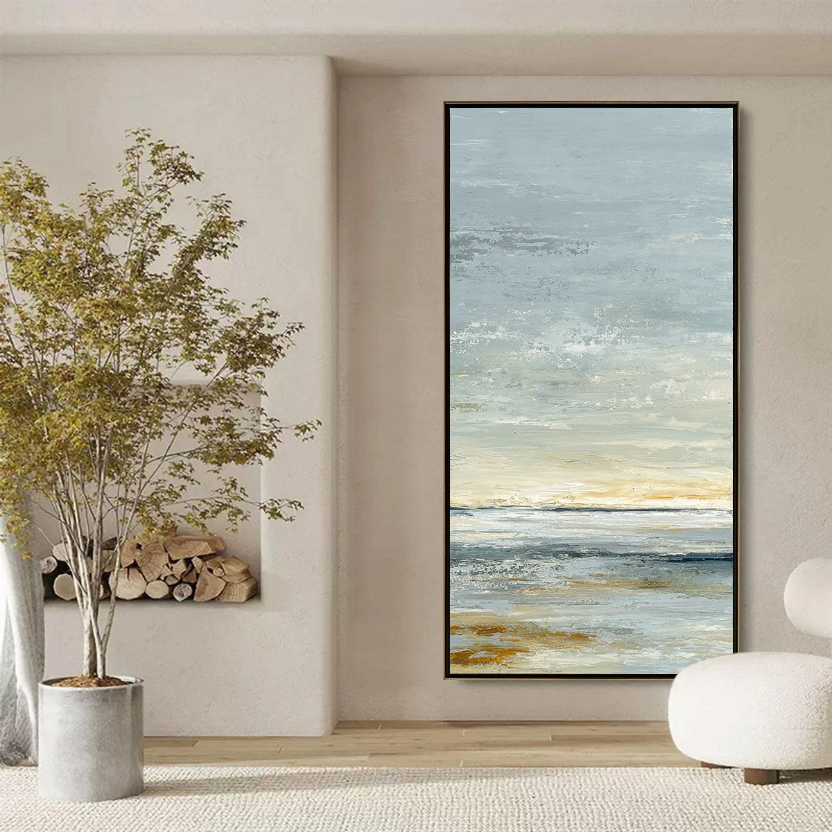 Quiet Horizon hand-painted beige, soft grey, ocean blue and gold textured coastal abstract painting shown with black frame