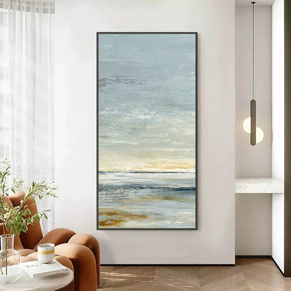 Quiet Horizon hand-painted beige, soft grey, ocean blue and gold textured coastal abstract painting shown as stretched canvas