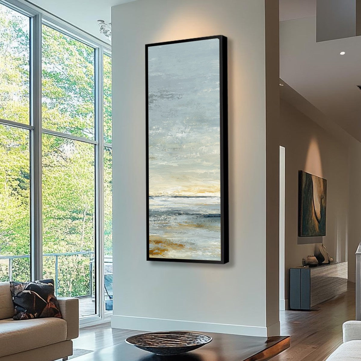 Quiet Horizon hand-painted beige, soft grey, ocean blue and gold textured coastal abstract painting shown with wood frame