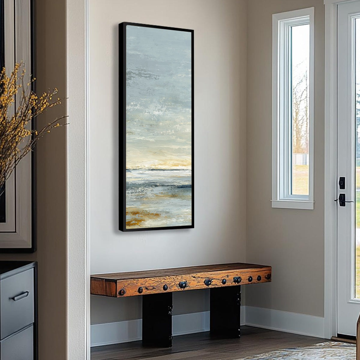 Quiet Horizon hand-painted beige, soft grey, ocean blue and gold textured coastal abstract painting rolled canvas option