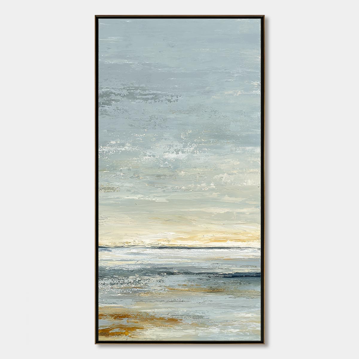 Quiet Horizon hand-painted beige, soft grey, ocean blue and gold textured coastal abstract painting rolled canvas option
