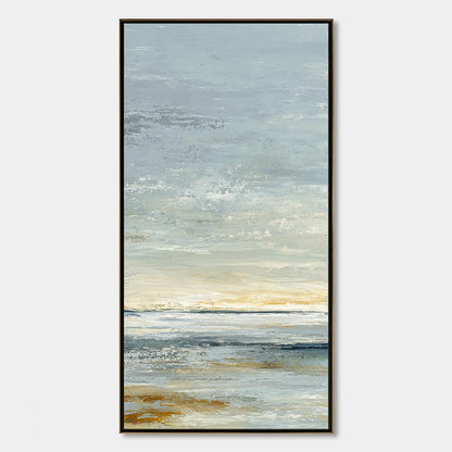 Quiet Horizon hand-painted beige, soft grey, ocean blue and gold textured coastal abstract painting rolled canvas option