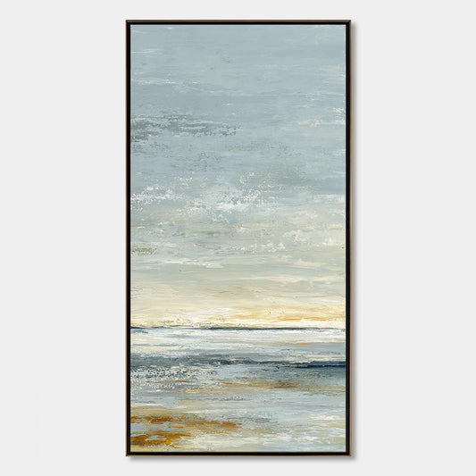 Quiet Horizon hand-painted beige, soft grey, ocean blue and gold textured coastal abstract painting rolled canvas option