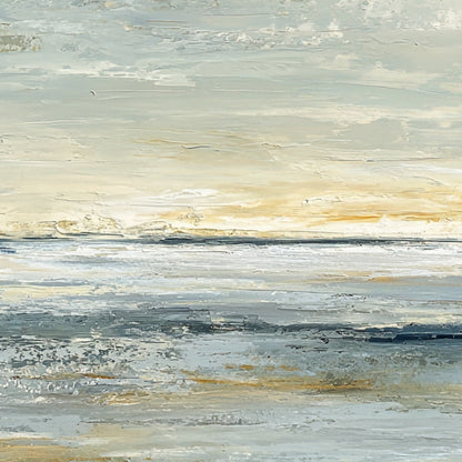 Quiet Horizon hand-painted beige, soft grey, ocean blue and gold textured coastal abstract painting shown with gold frame