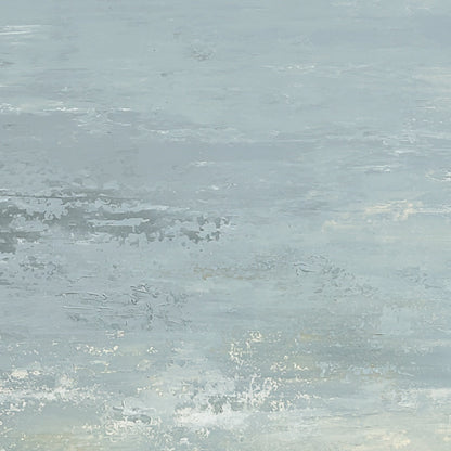 Quiet Horizon hand-painted beige, soft grey, ocean blue and gold textured coastal abstract painting shown with white frame