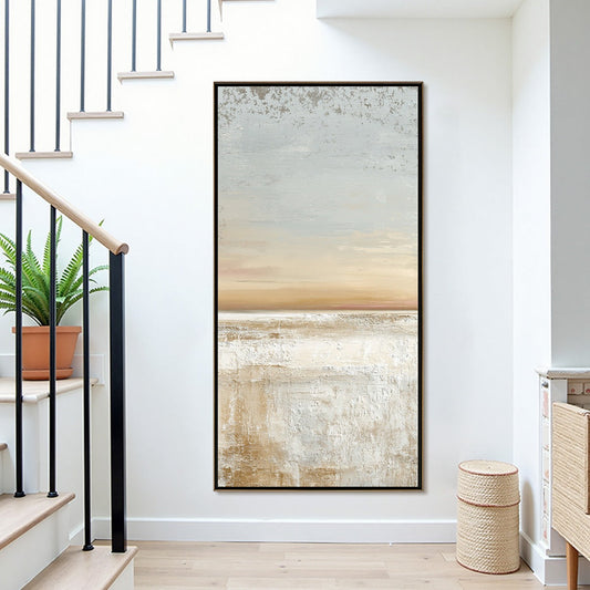 Quiet Shore hand-painted white, beige and sand textured coastal abstract painting shown as stretched canvas