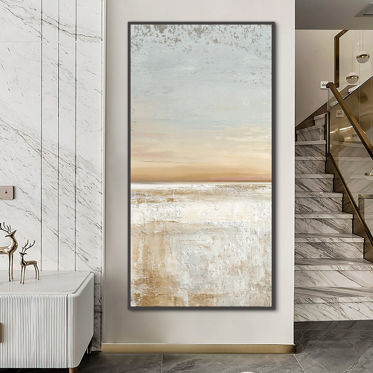 Quiet Shore hand-painted white, beige and sand textured coastal abstract painting shown with black frame