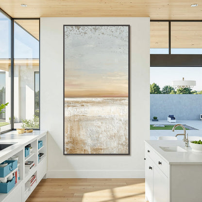 Quiet Shore hand-painted white, beige and sand textured coastal abstract painting shown with silver frame