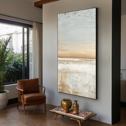 Quiet Shore hand-painted white, beige and sand textured coastal abstract painting shown with wood frame