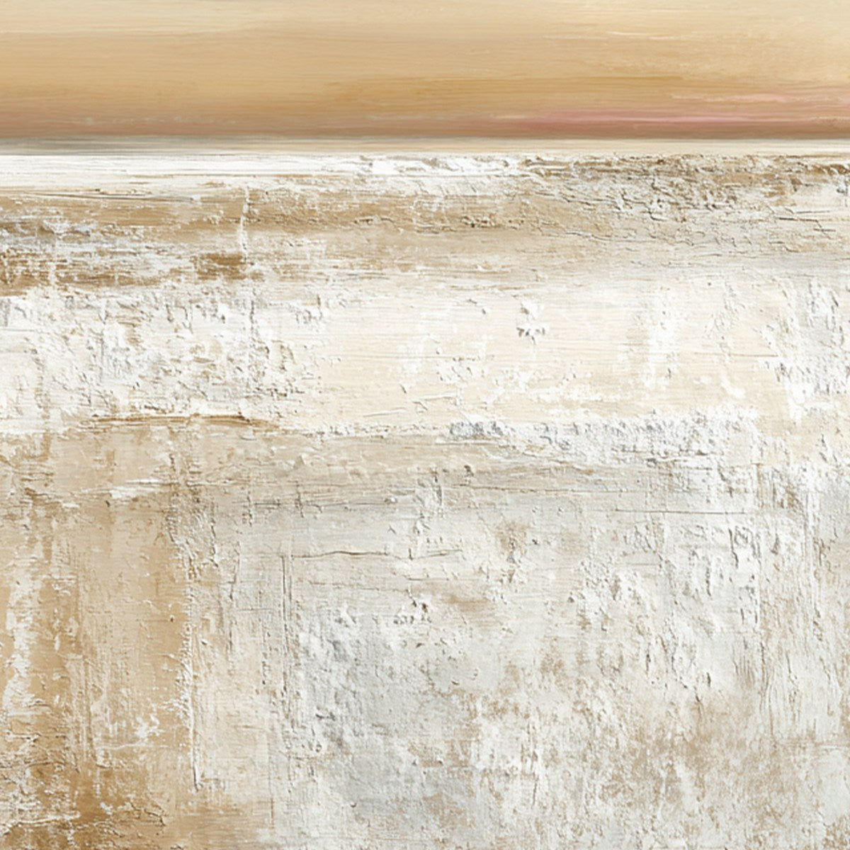 Quiet Shore hand-painted white, beige and sand textured coastal abstract painting shown with gold frame