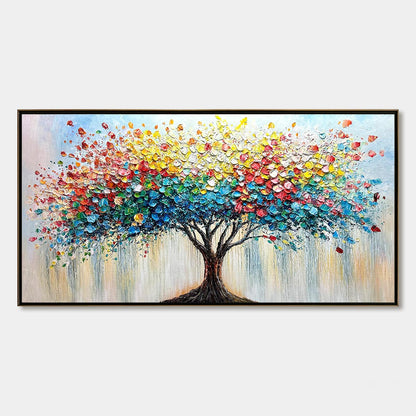 Rainbow Burst hand-painted crimson, golden yellow, turquoise and violet textured tree of life painting shown with silver frame