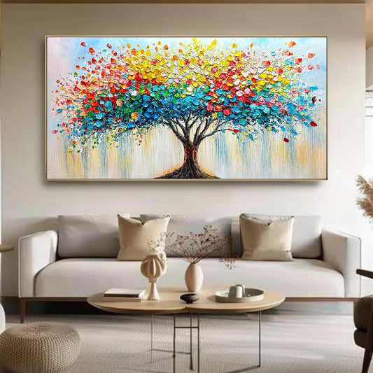 Rainbow Burst hand-painted crimson, golden yellow, turquoise and violet textured tree of life painting rolled canvas option