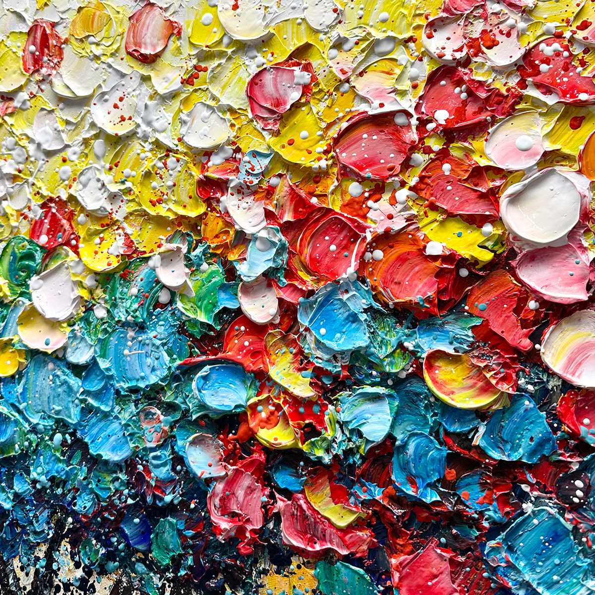 Rainbow Burst hand-painted crimson, golden yellow, turquoise and violet textured tree of life painting shown as stretched canvas