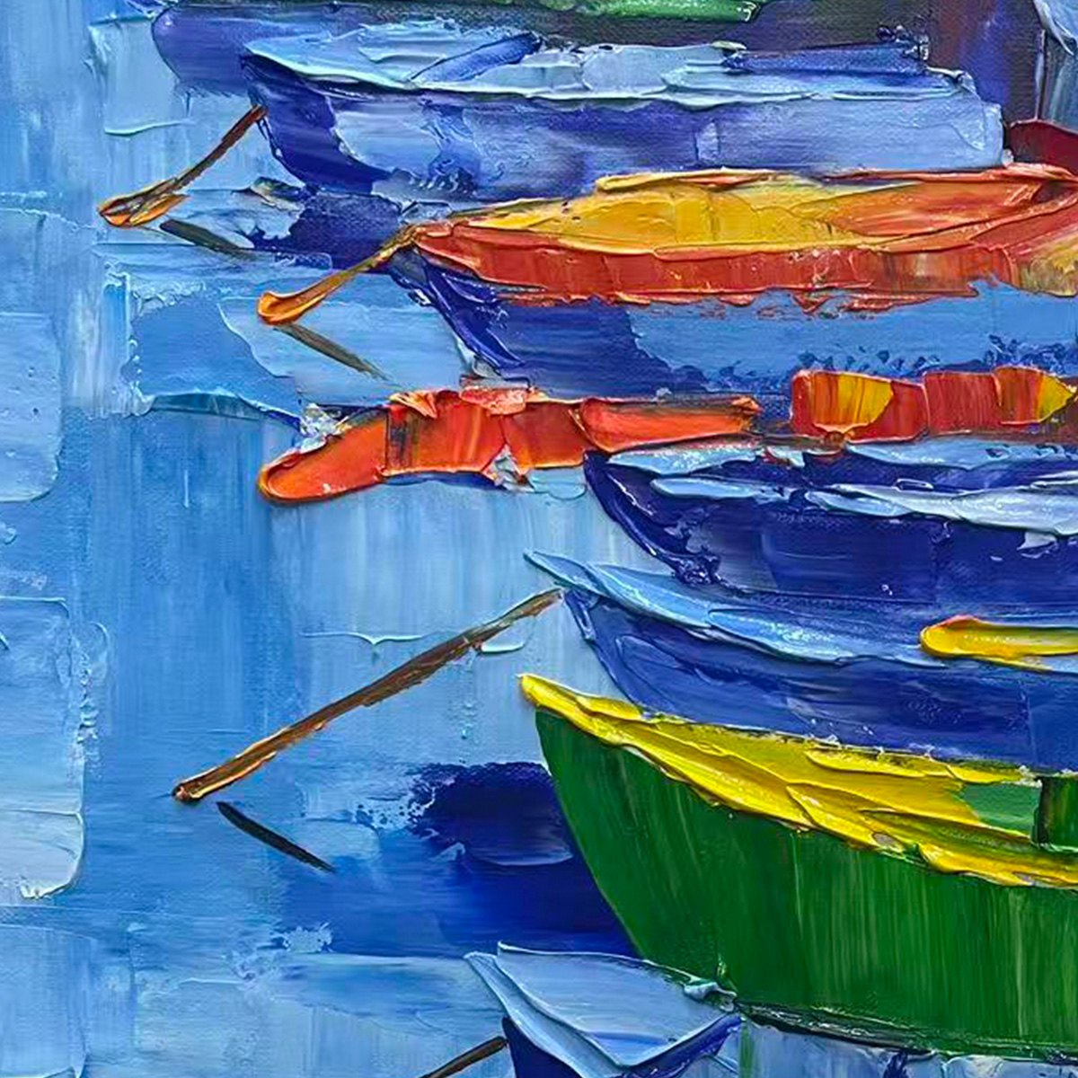 Rainbow Harbor hand-painted ocean blue, ivory and soft neutral tones textured seascape painting shown with wood frame