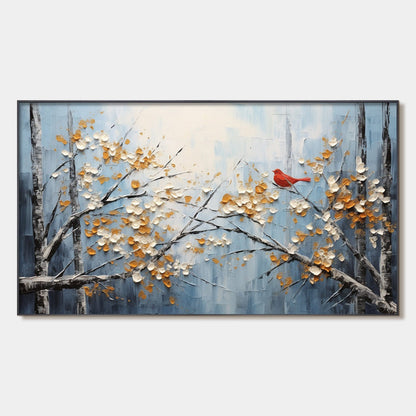 Red Bird On Branches – Bird Impasto Painting, view 1
