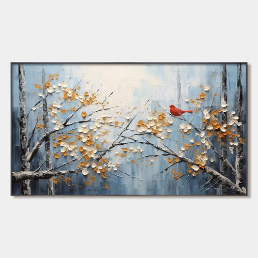 Red Bird On Branches – Bird Impasto Painting, view 1