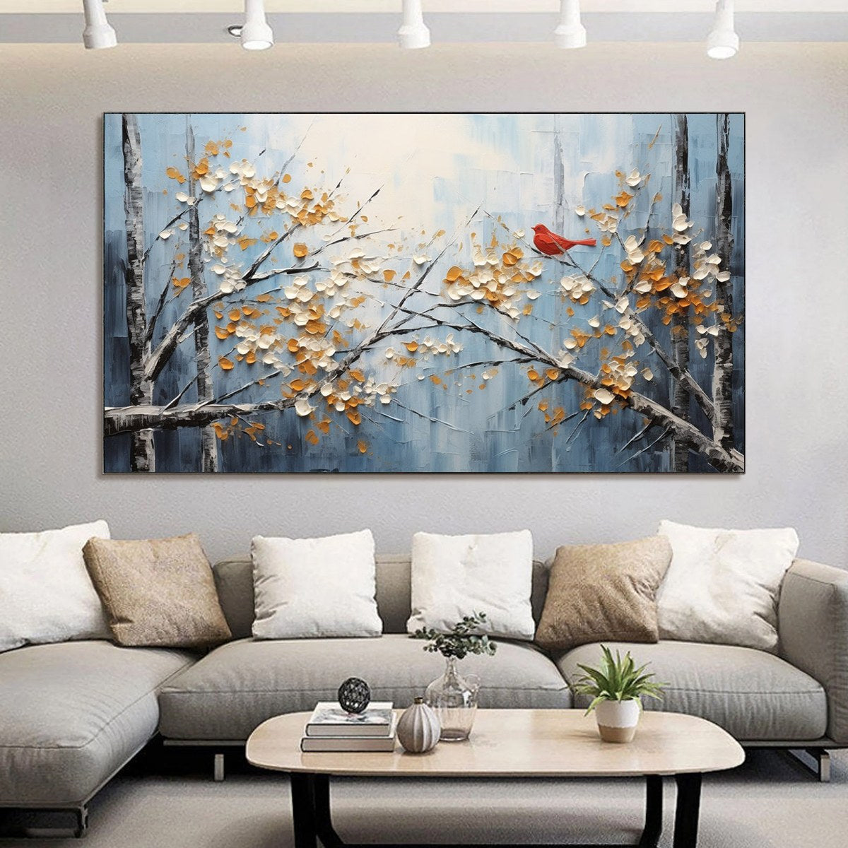 Red Bird On Branches – Bird Impasto Painting, view 2