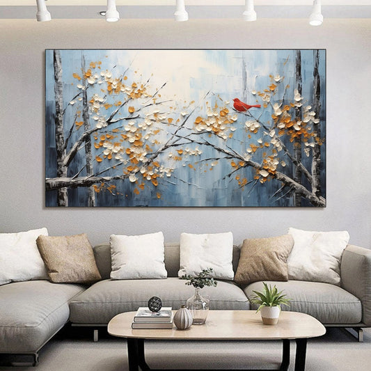 Red Bird On Branches – Bird Impasto Painting, view 2