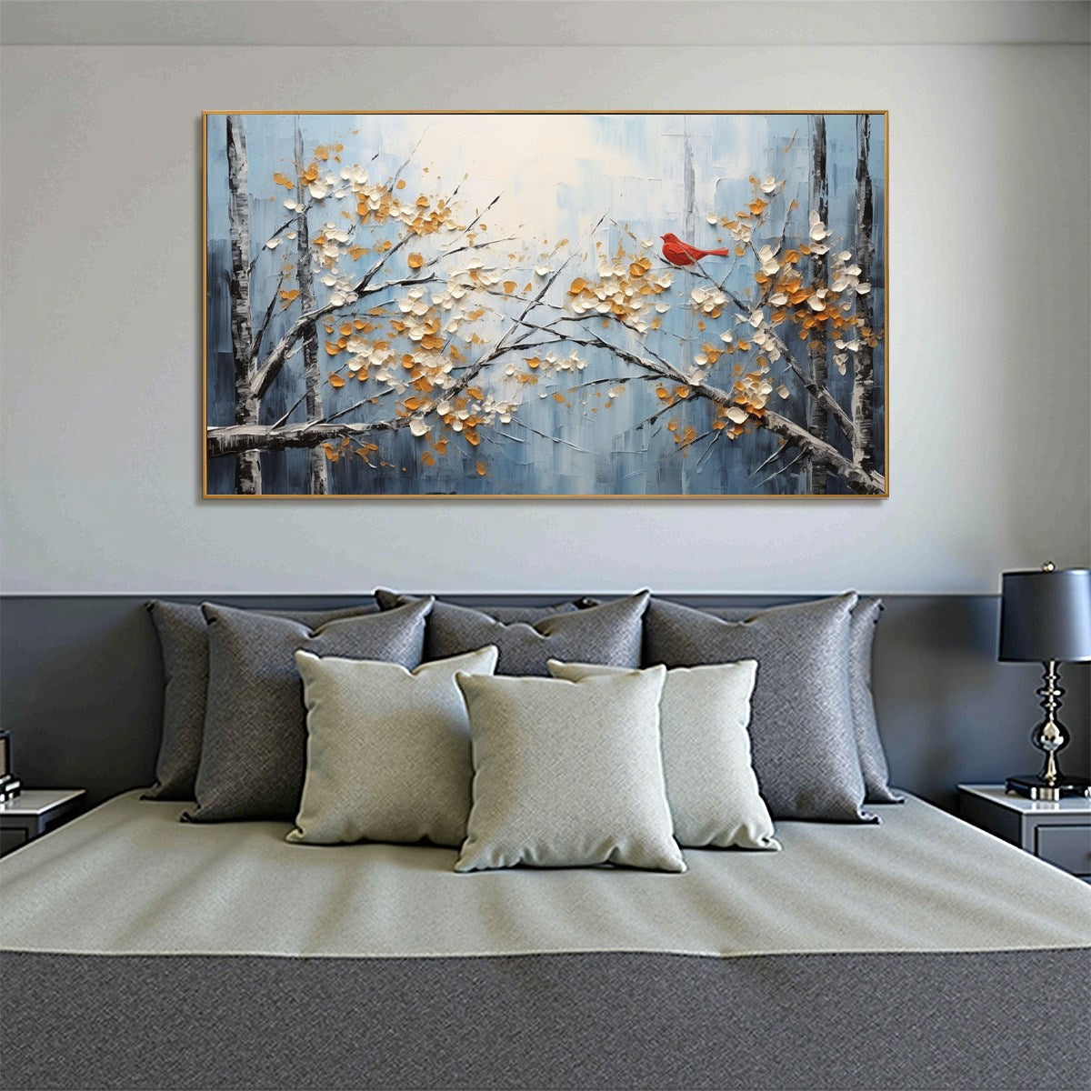 Red Bird On Branches – Bird Impasto Painting, view 5