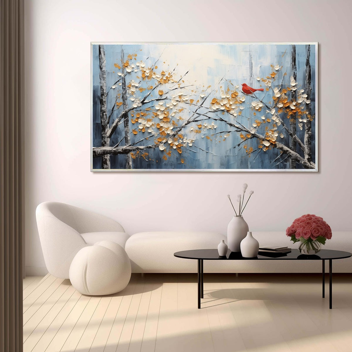 Blue and Red Bird Impasto Painting – Red Bird On Branches