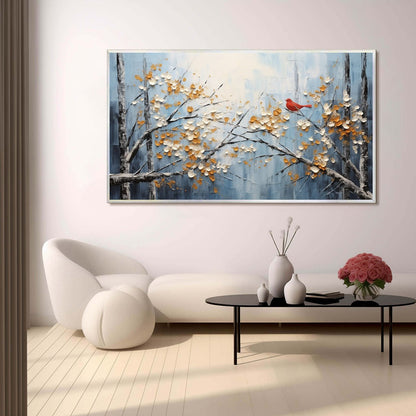 Blue and Red Bird Impasto Painting – Red Bird On Branches