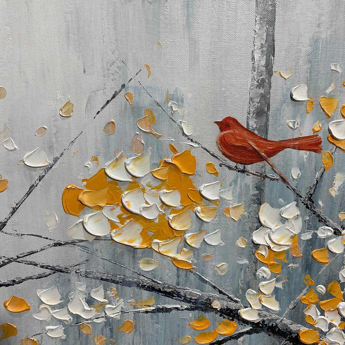 Blue and Red Bird Impasto Painting – Red Bird On Branches