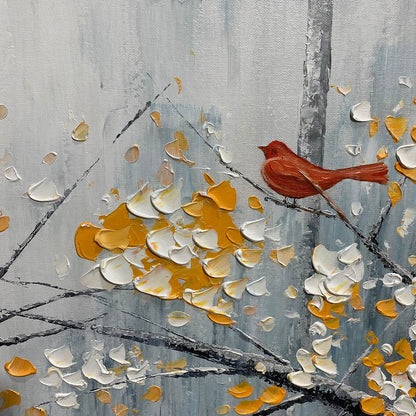 Blue and Red Bird Impasto Painting – Red Bird On Branches