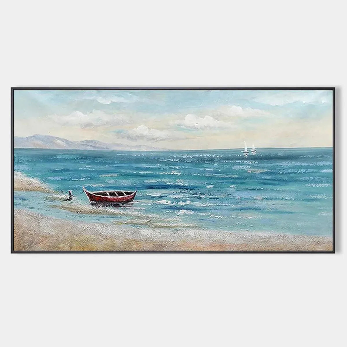 Red Boat At The Shore hand-painted red and ivory textured coastal landscape painting rolled canvas option