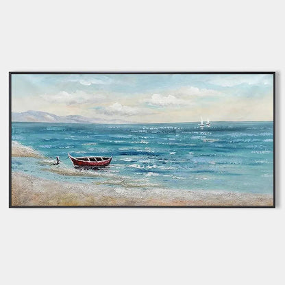 Red Boat At The Shore hand-painted red and ivory textured coastal landscape painting rolled canvas option