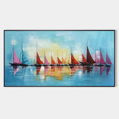 Regatta hand-painted ocean blue and orange textured sailboat seascape painting rolled canvas option