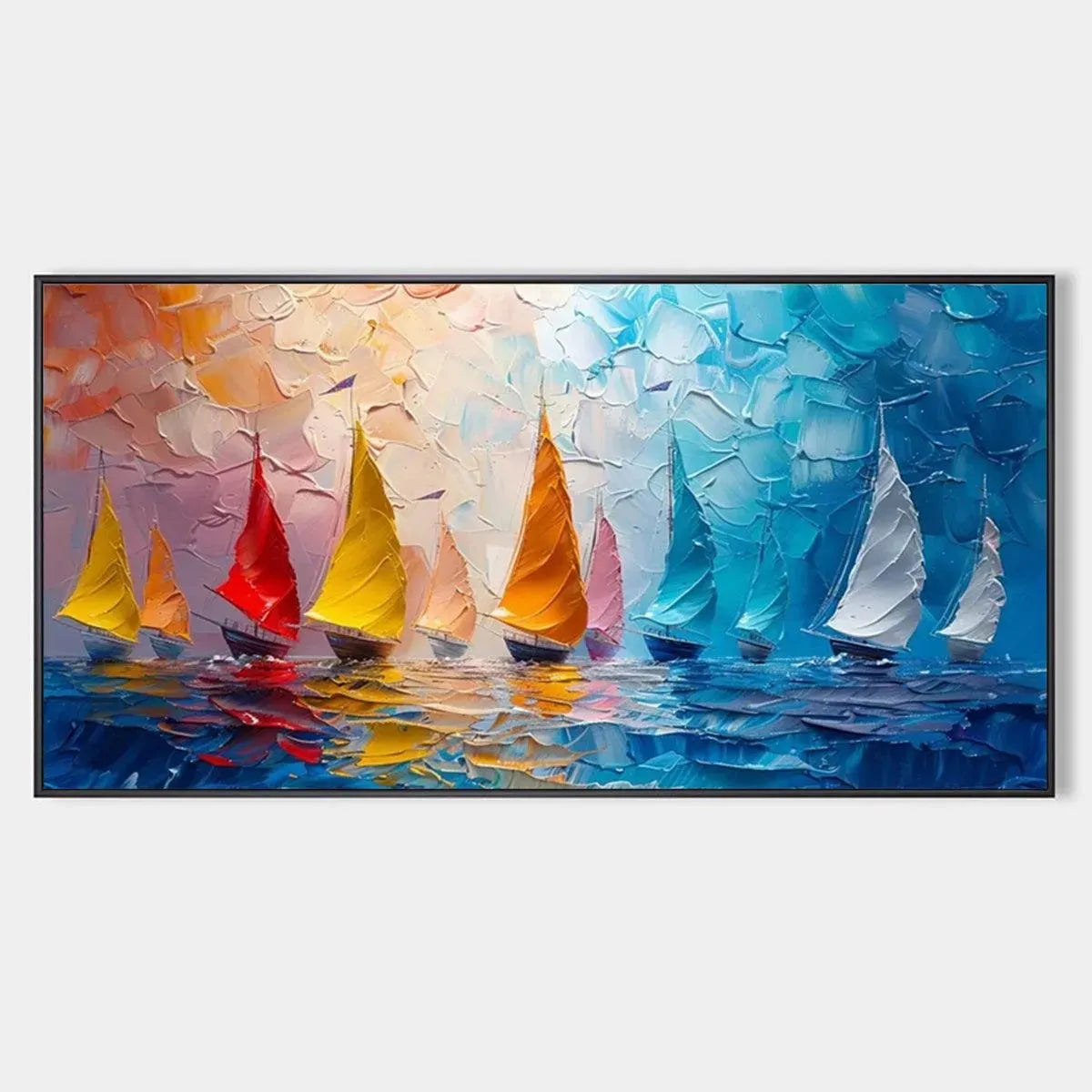 Regatta hand-painted ocean blue, ivory and soft neutral tones textured sailboat seascape painting rolled canvas option