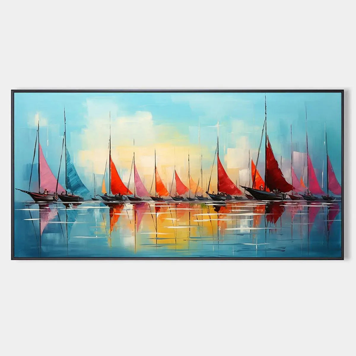 Regatta At Dawn hand-painted ocean blue, ivory and soft neutral tones textured sailboat seascape painting rolled canvas option