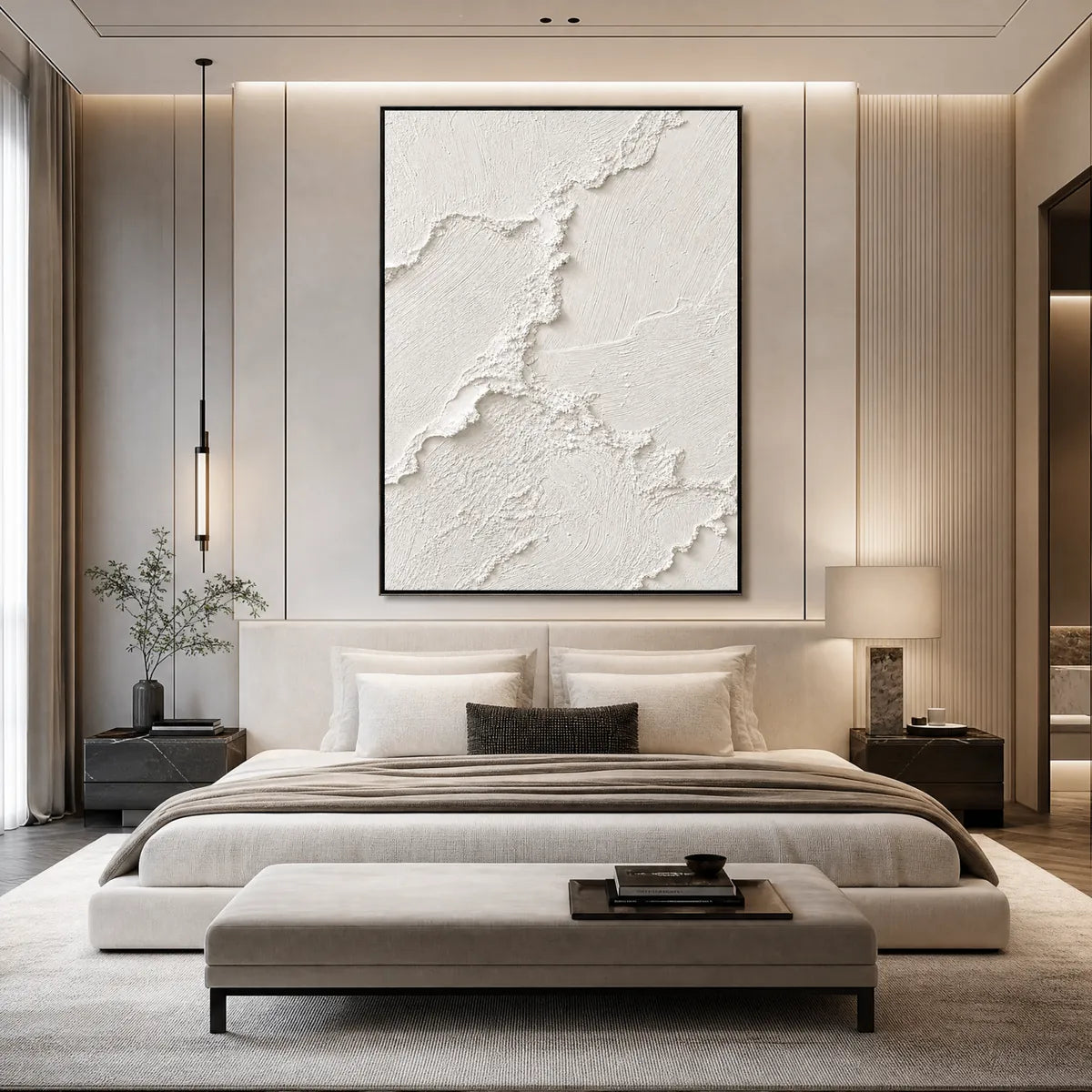 Riven hand-painted white and soft beige textured ocean wave painting shown as stretched canvas