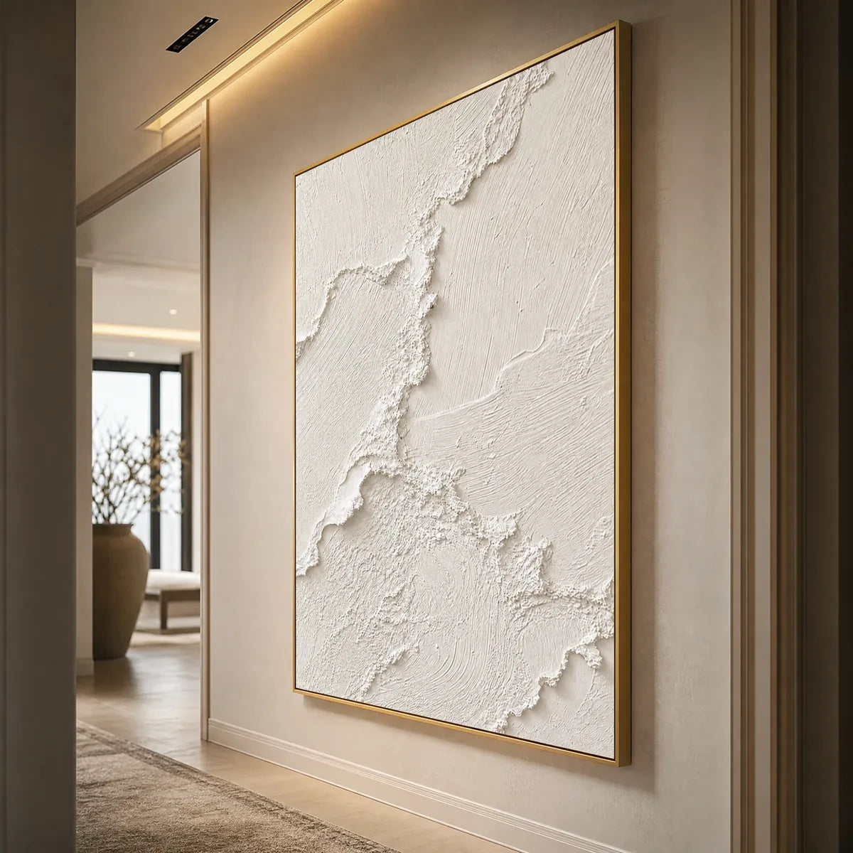 Riven hand-painted white and soft beige textured ocean wave painting shown with silver frame