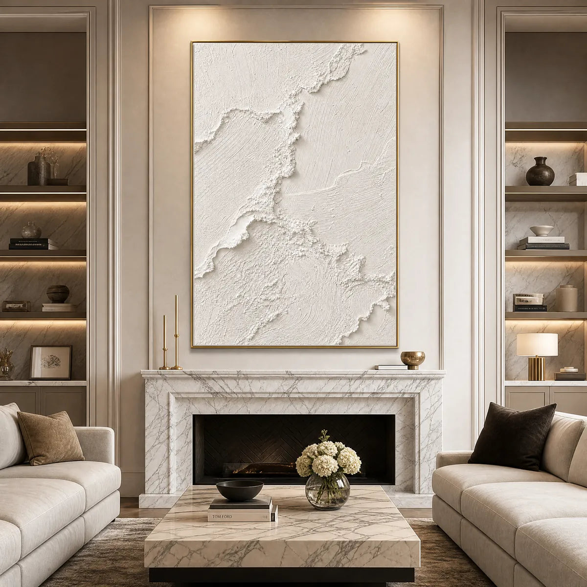 Riven hand-painted white and soft beige textured ocean wave painting shown with white frame
